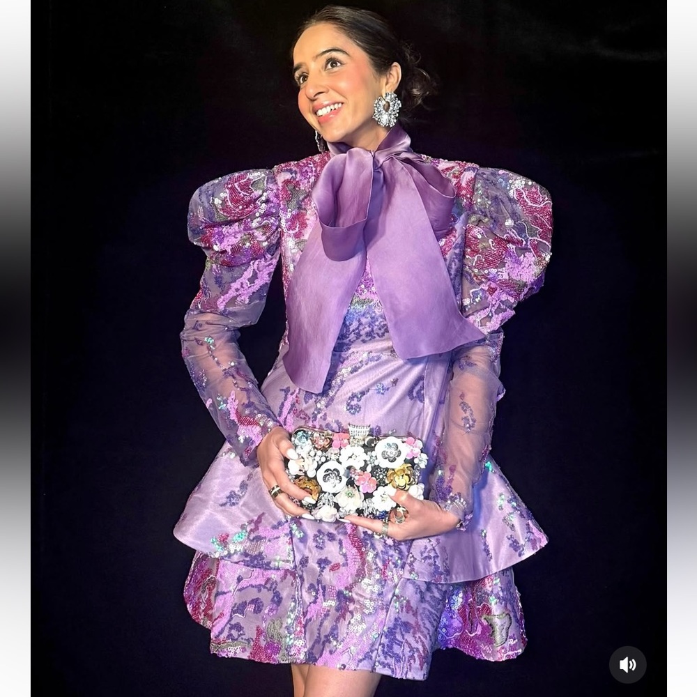 Lavender Puff-Sleeve Sequined Mini Dress with Bow Neck